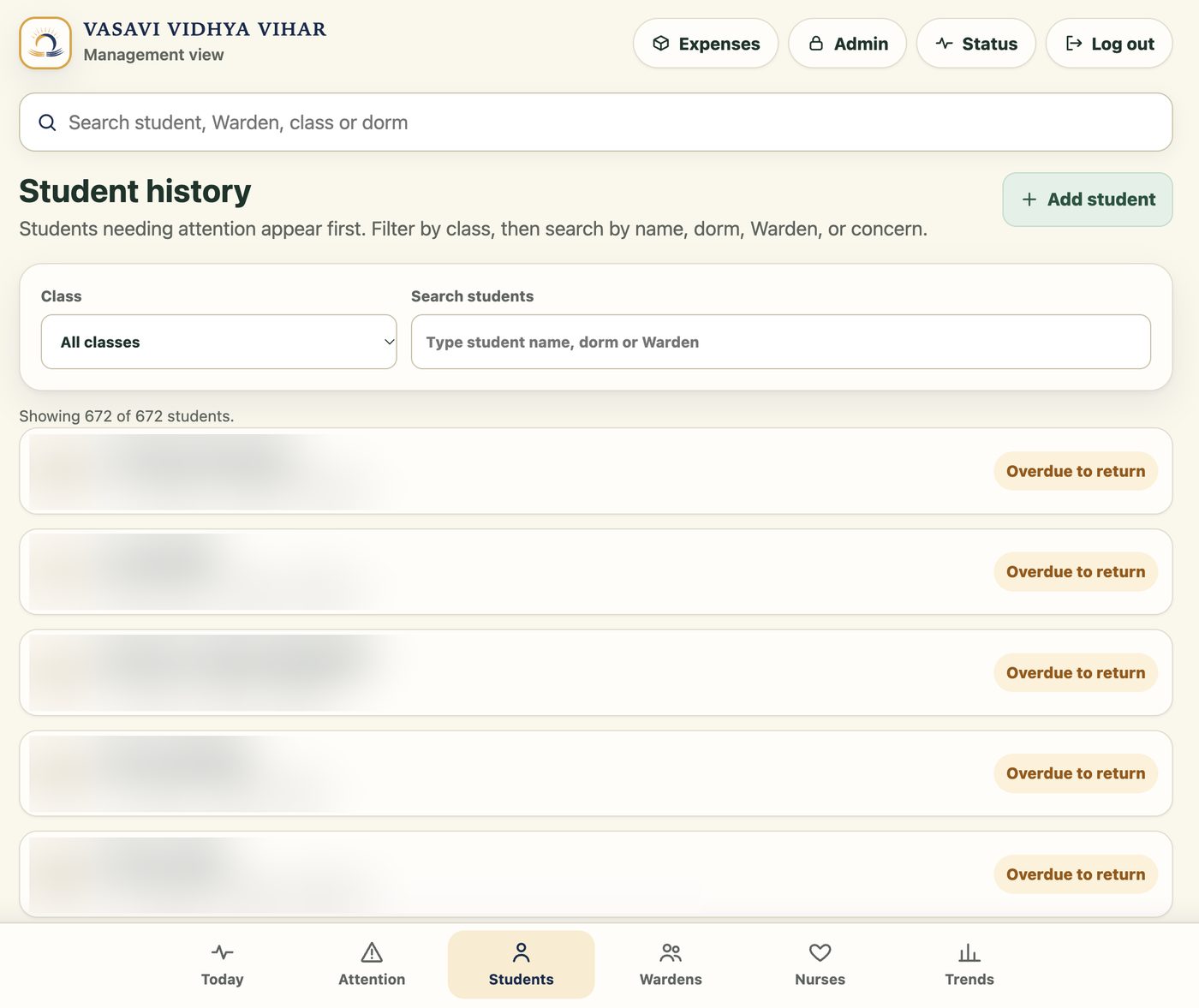 Sutriva SchoolOS management view showing the student history list for 672 students, with students overdue to return listed first